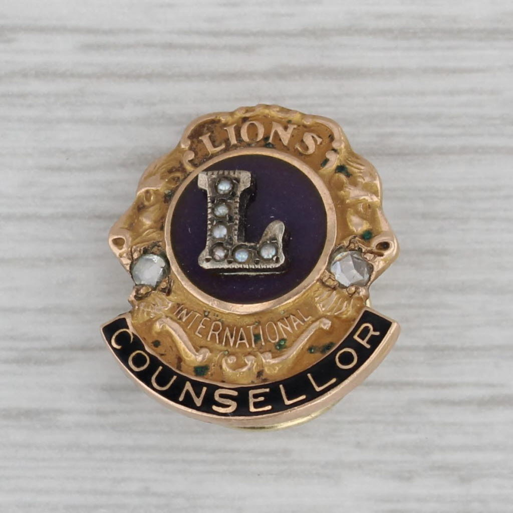 Gray Vintage Lions Club Counsellor Pin 10k Gold Diamond Purple Enamel