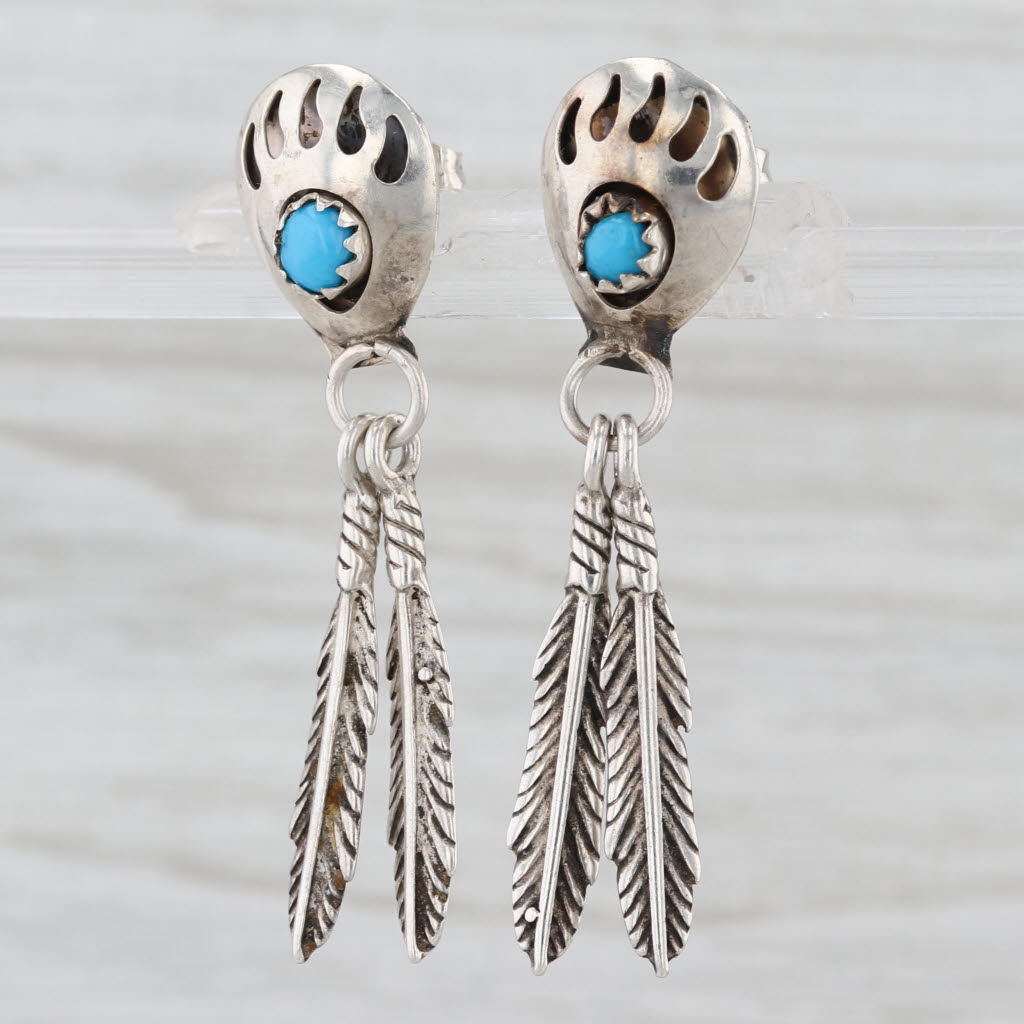 Vintage Southwestern Turquoise Bear Paw Feather Dangle Earrings Sterling Silver