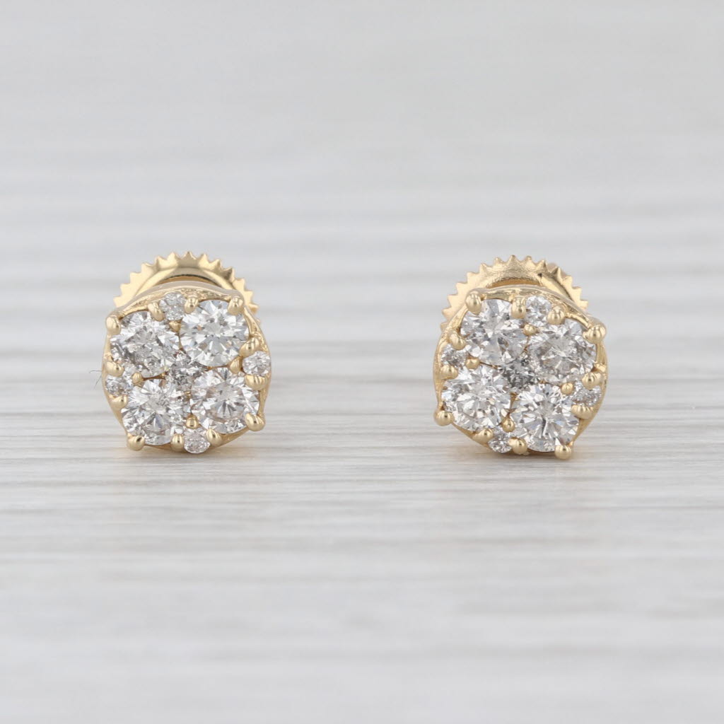 0.70ctw Diamond Cluster Stud Earrings 14k Yellow Gold Screw Back Studs