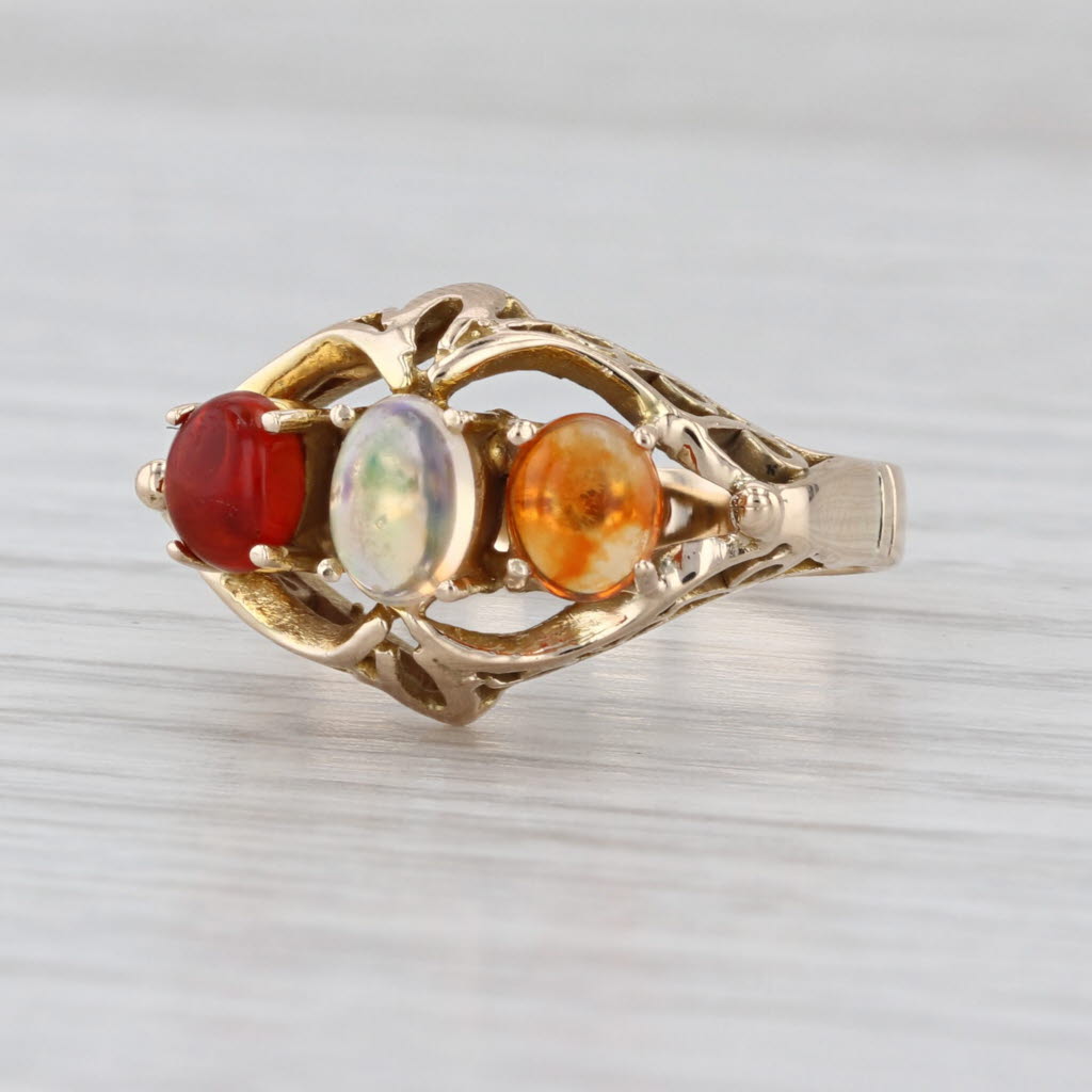 3-Stone Opal Ring 14k Yellow Gold Vintage Style Ornate Openwork Size 6.75