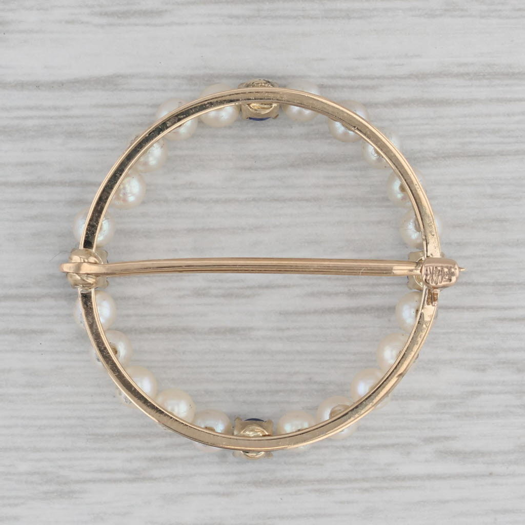 Gray Vintage Cultured Pearl 0.60ctw Sapphire Circle Brooch 14k Yellow Gold Pin