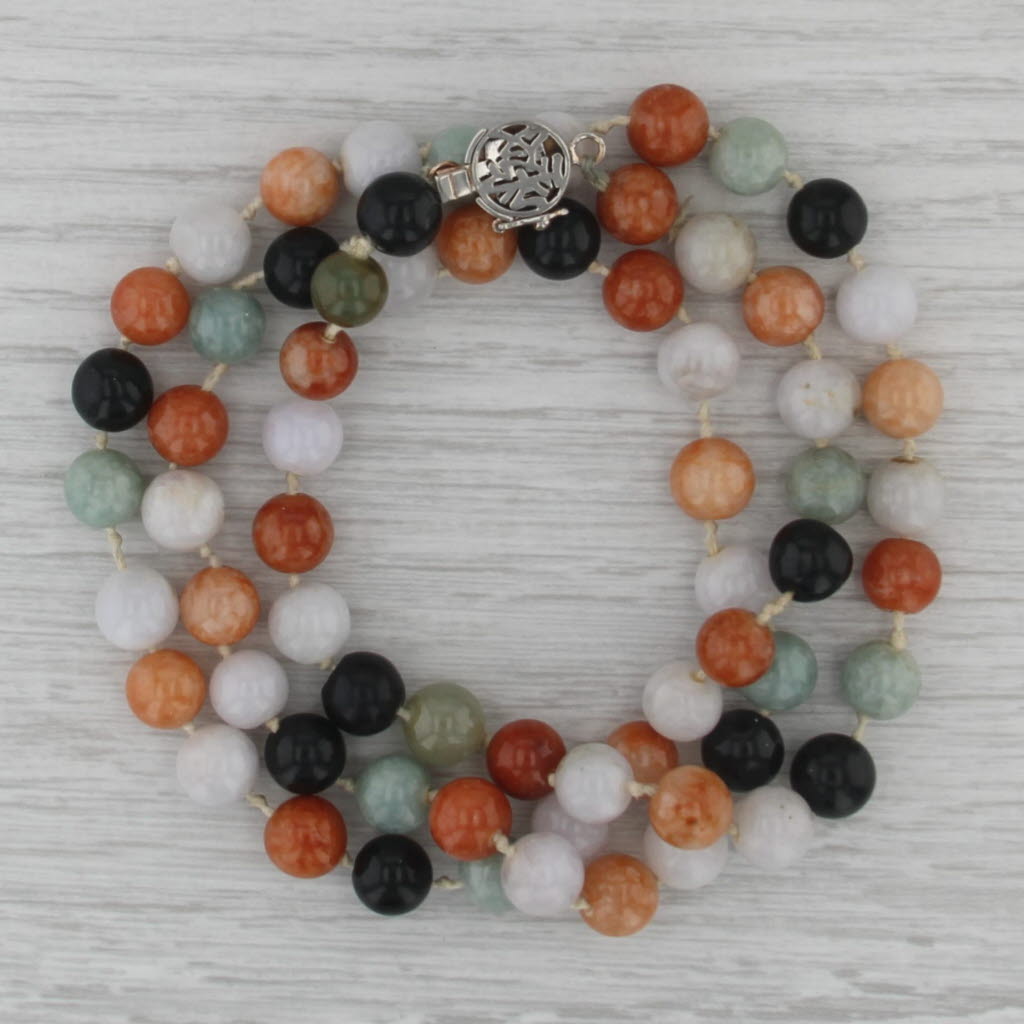 Chinese Jadeite Jade Ornamental Stone Bead Strand Necklace Sterling Silver 25.5"