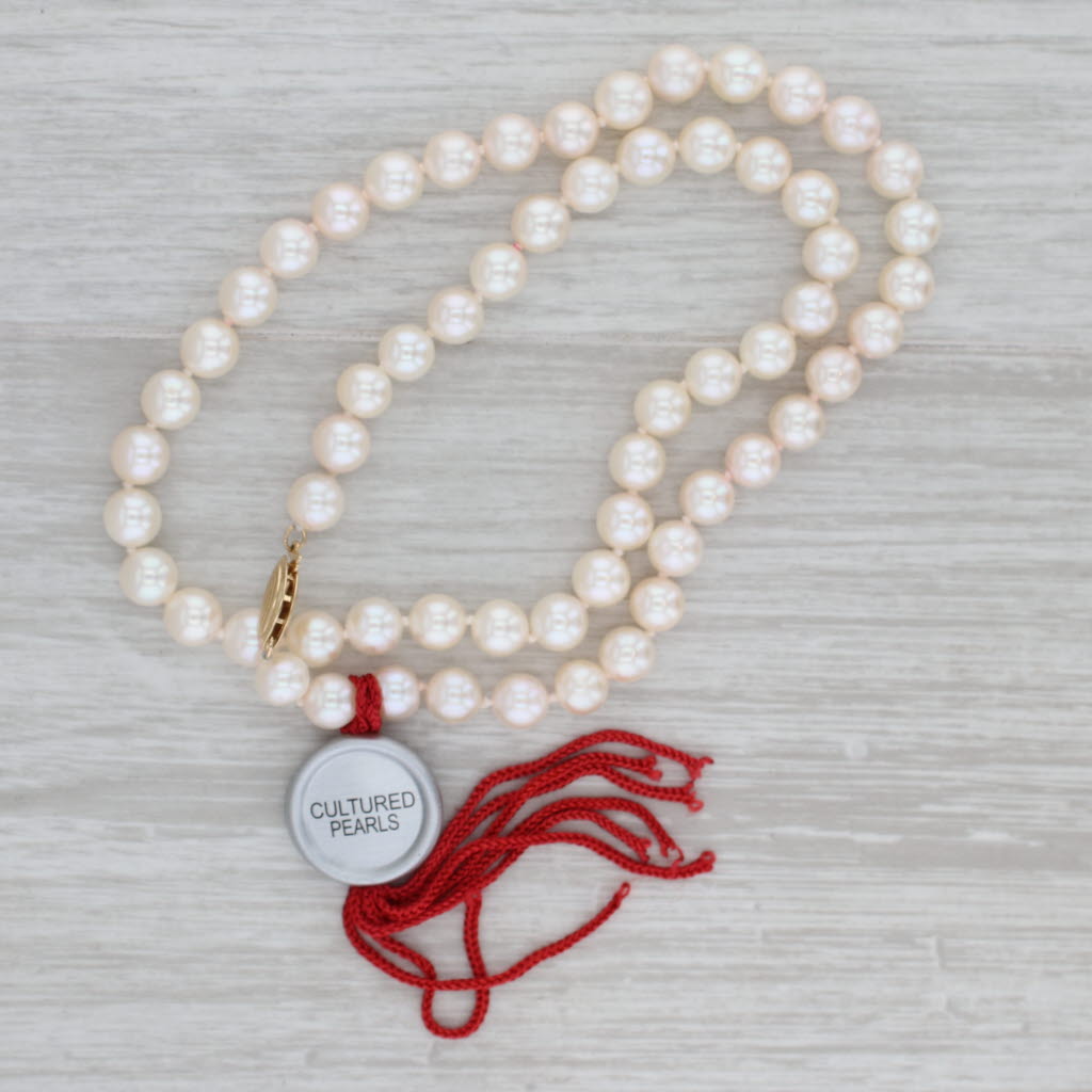 New w/ Tag Cultured Pearl Single Strand Bead Necklace 14k Gold Clasp 18" 6.9mm