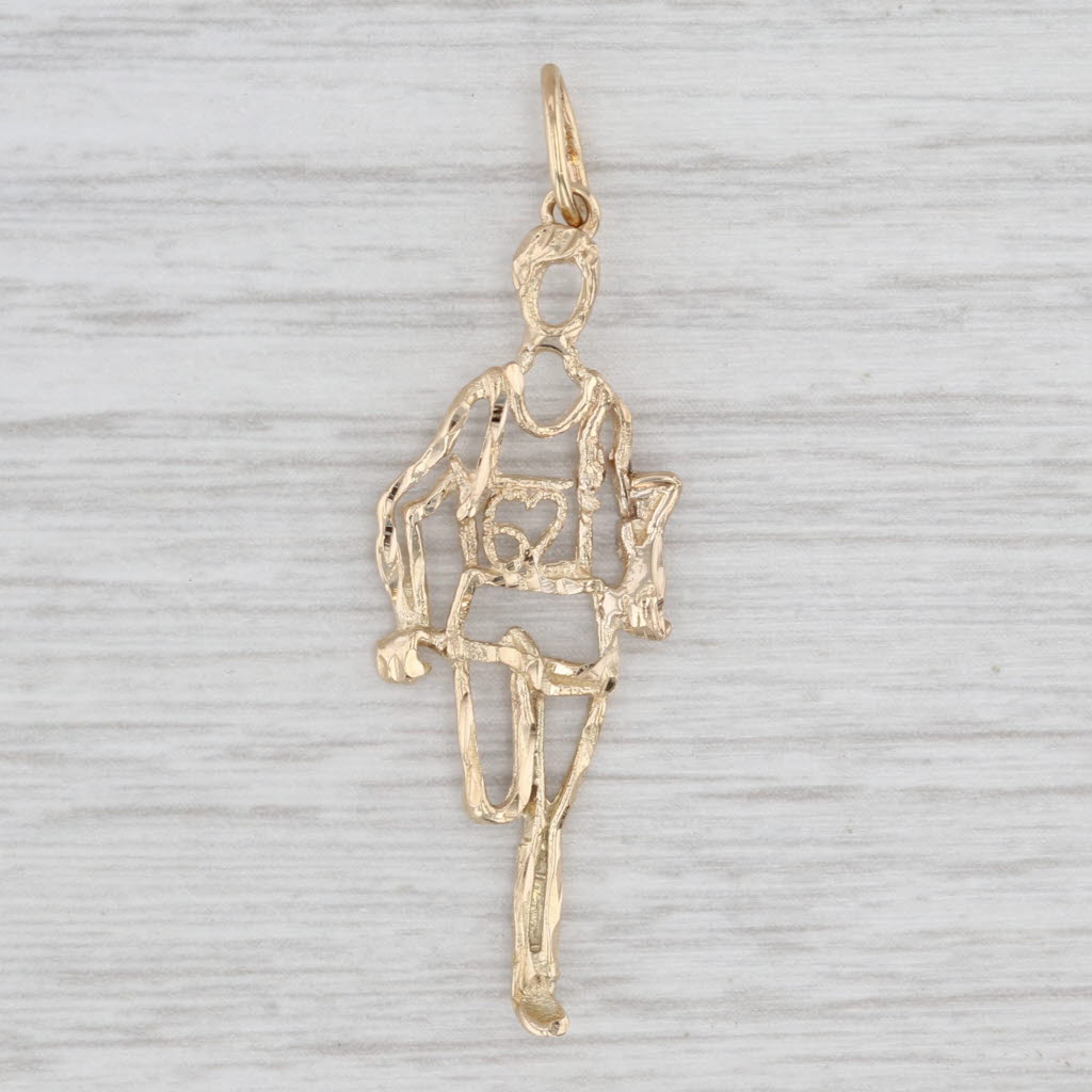 Light Gray Race Runner Pendant Heart Bib 14k Yellow Gold Running Figure