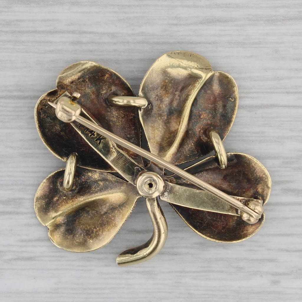 Gray Diamond 4 Leaf Clover Brooch 14k Yellow Gold Good Luck Shamrock Pin