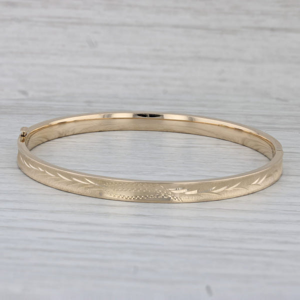 Floral Etched Bangle Bracelet 14k Yellow Gold Hinged 6.75" 4.5mm