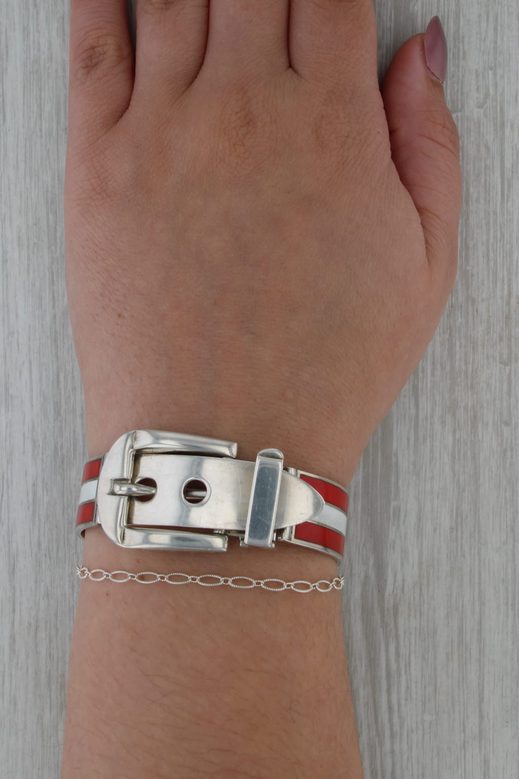 Gucci Belt Bangle Bracelet Sterling Silver Red White Enamel 6.5"
