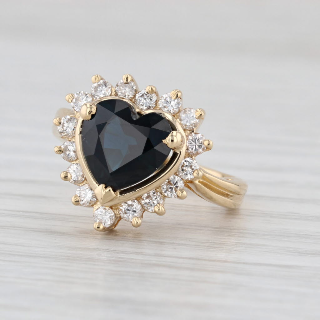 2.80ctw Blue Sapphire Heart Diamond Halo Ring 18k Yellow Gold Size 4
