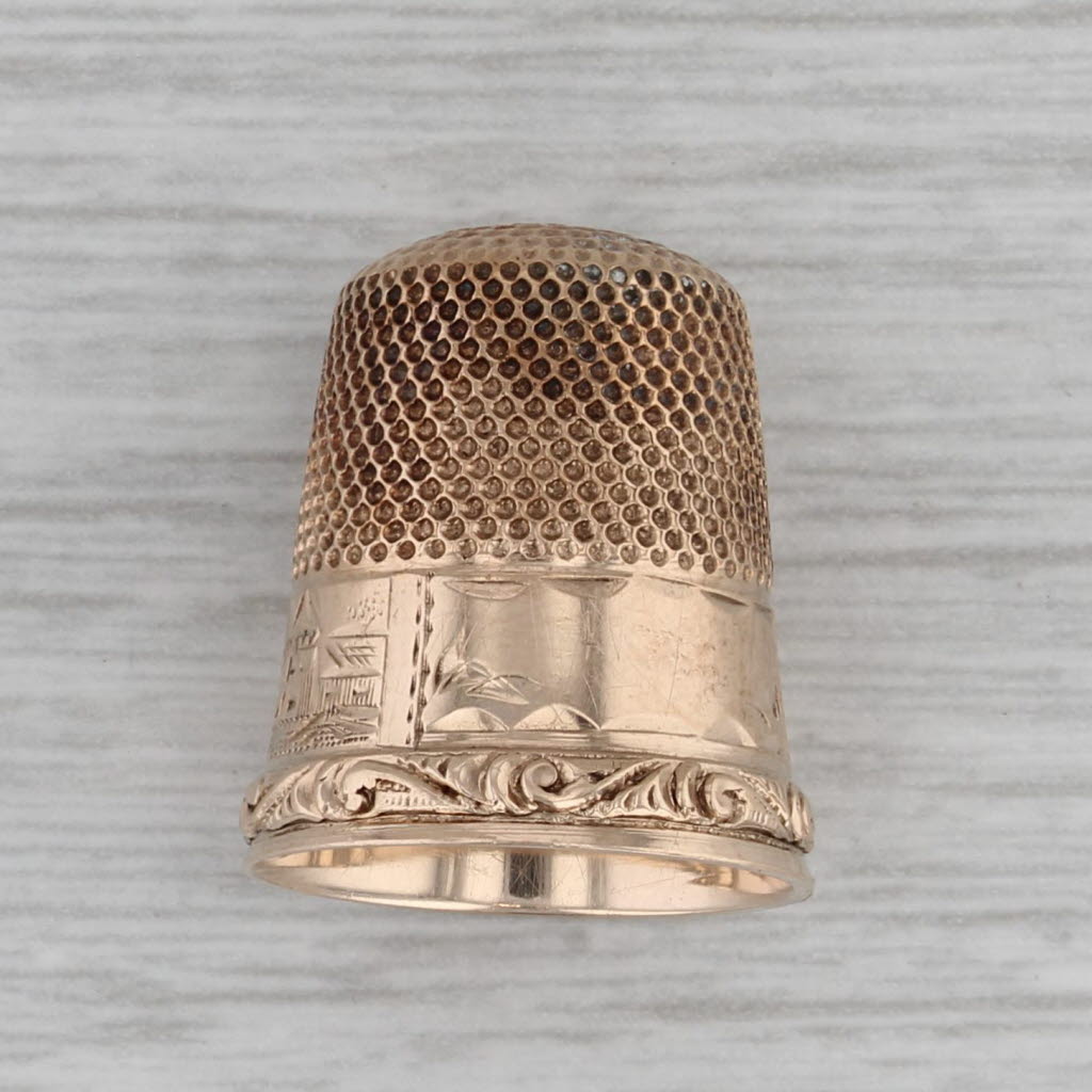 Dark Gray Antique Thimble Size 6 10 Yellow Gold Mountain Village Scene Sewing Collectible