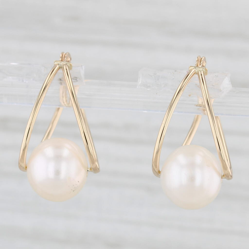 Light Gray Cultured Pearl Hoop Earrings 14k Yellow Gold Snap Top Posts Oval Hoops