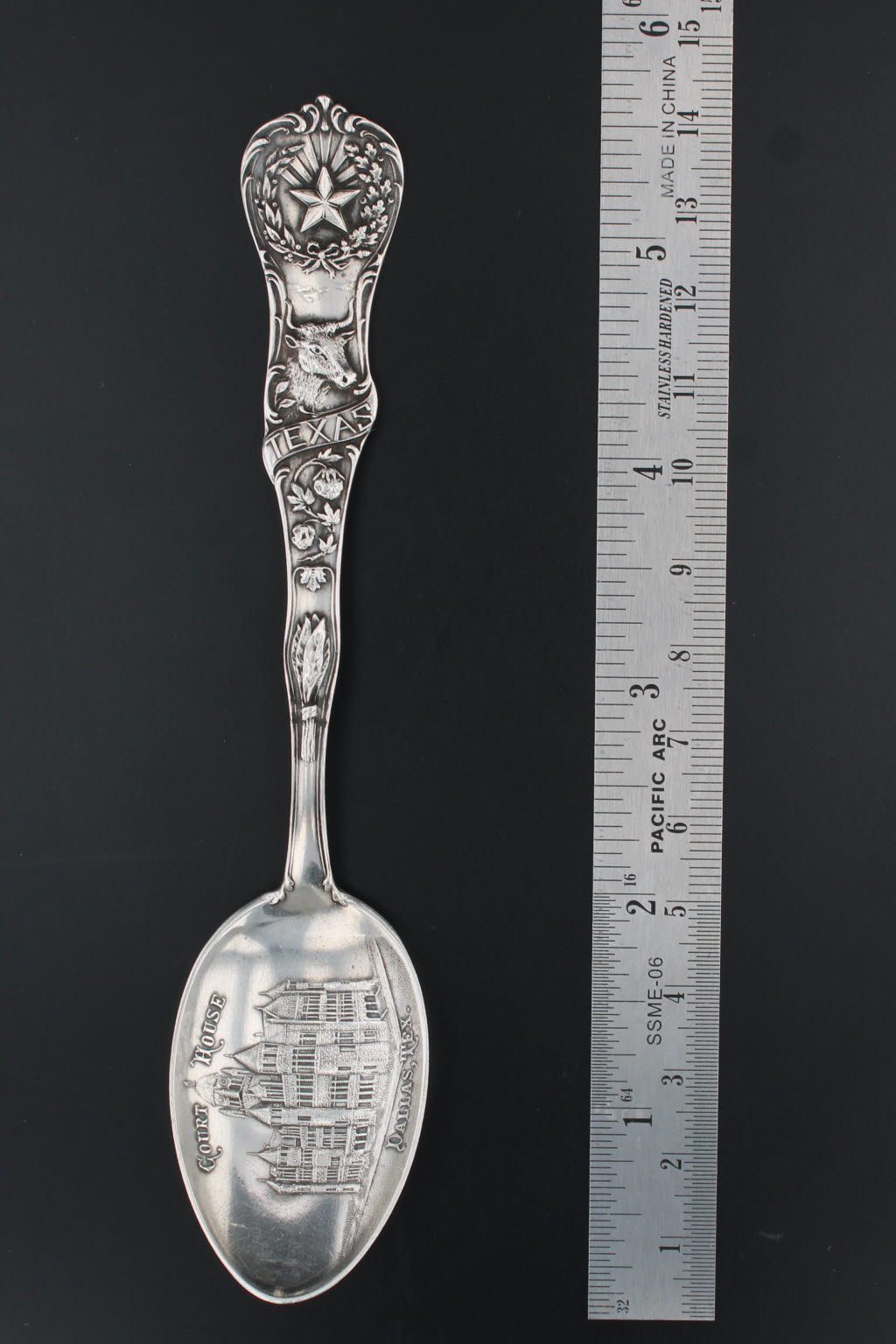 Dark Slate Gray Vintage Texas Souvenir Spoon Sterling Silver Dallas Court House Mechanics