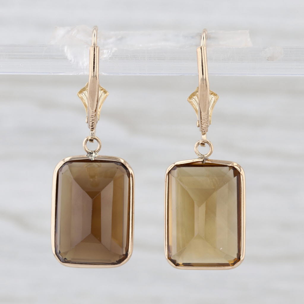 14.20ctw Smoky Quartz Dangle Earrings 14k Yellow Gold Lever Backs
