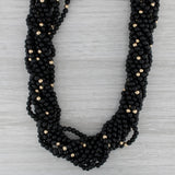 Woven Onyx Bead Statement Necklace Diamond Bow Pendant Brooch 14k Gold 15.5"