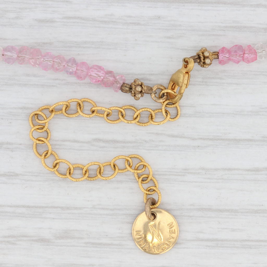 New Nina Wynn Pink Crystal Bead Necklace Sterling Gold Vermeil 18" Adjustable