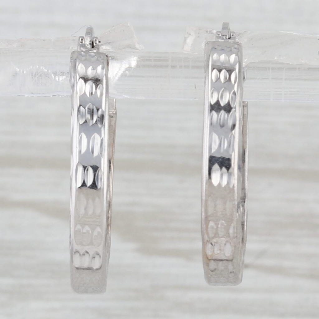 Light Gray Etched Pattern Hoop Earrings 14k White Gold 20.4 x 3.1mm Round Hoops