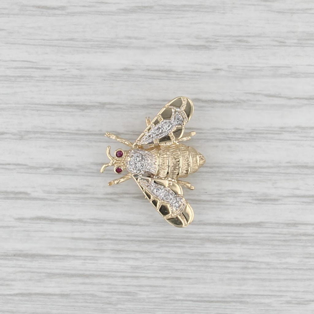 Diamond Ruby Bee Pin 10k Yellwo White Gold Bug Brooch Vintage Insect Jewelry