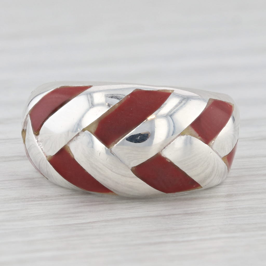 Light Gray Red Resin Domed Ring Sterling Silver Size 5.75 Band