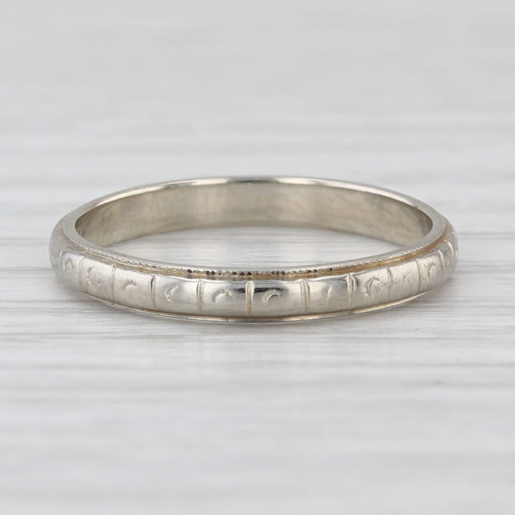 Art Deco Etched Pattern Wedding Band 18k White Gold Size 6.75 Stackable Ring