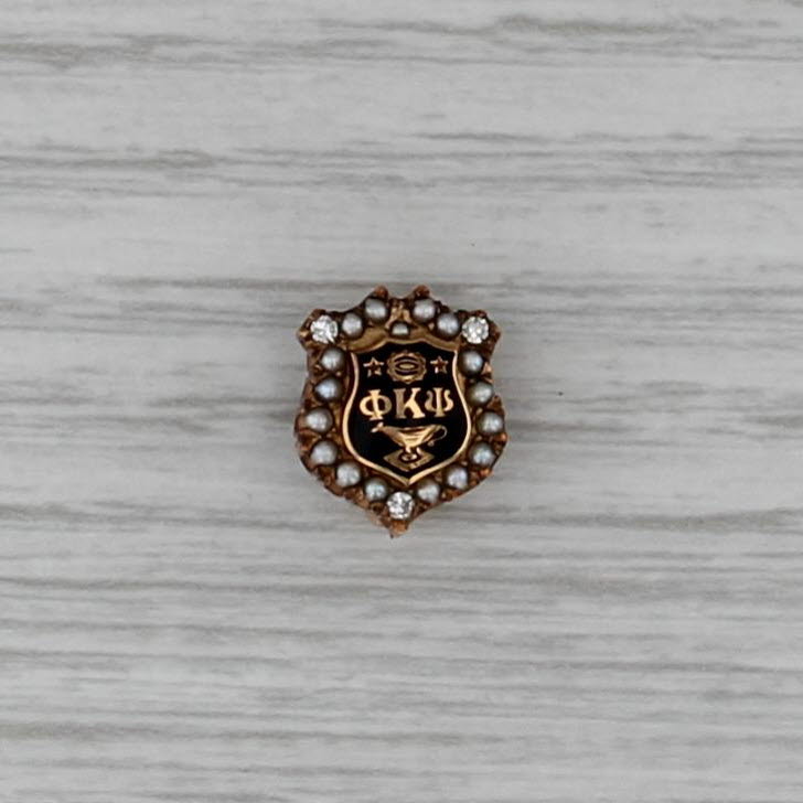 Phi Kappa Psi Sweet Heart Mini Shield Badge 10k Gold Pearl Diamond Pin