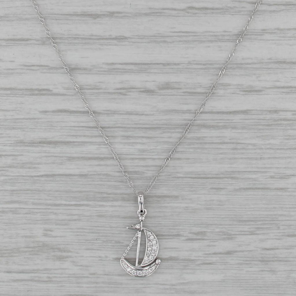 New Diamond Sailboat Pendant Necklace 14k White Gold 18" Singapore Chain
