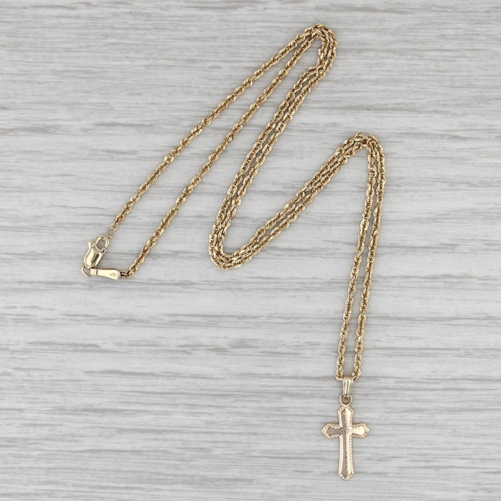 Cross Pendant Necklace 14k Yellow Gold 16" Rope Chain
