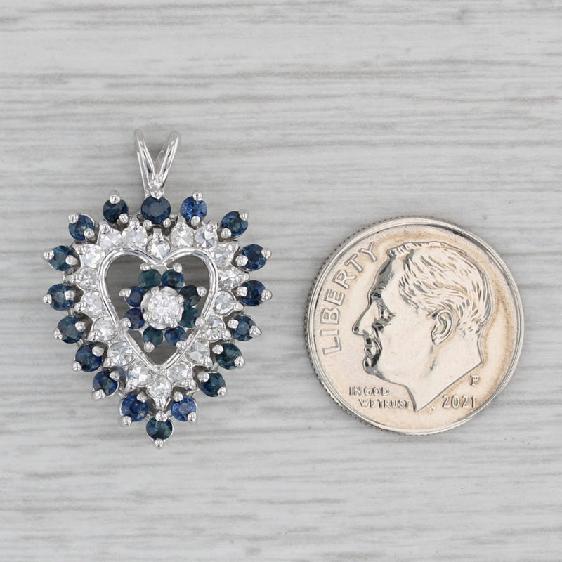 1.50ctw Blue Sapphire White Diamond Heart Pendant 14k White Gold
