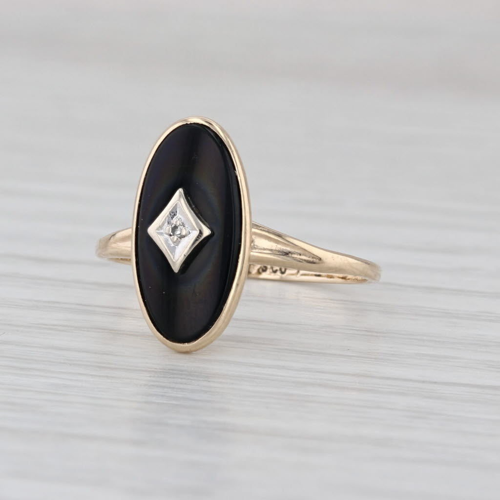Vintage Onyx Diamond Signet Ring 10k Yellow Gold Size 6.25