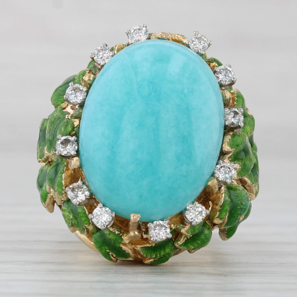 Light Gray Vintage Amazonite Diamond Ring 18k Yellow Gold Size 6.75 Jack Gutschneider