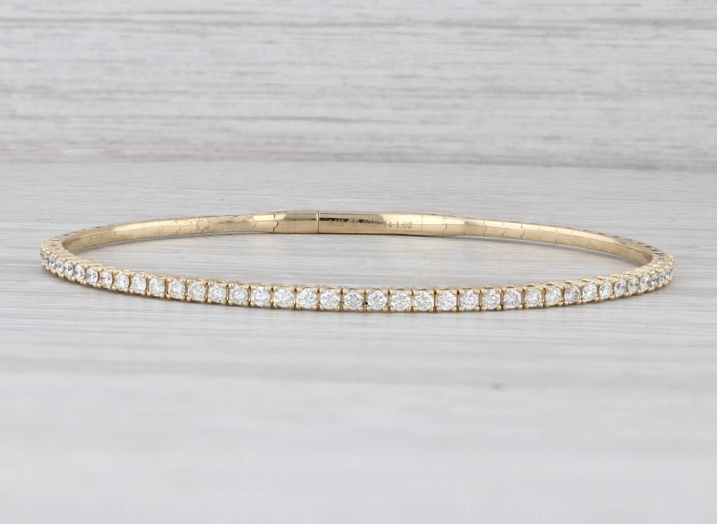 Light Gray New 1.02ctw Diamond Bead Flexible Bangle Tennis Bracelet 14k Yellow Gold 6.75"