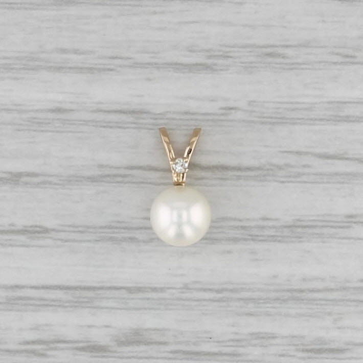 Saltwater Cultured Pearl Diamond Pendant 14k Yellow Gold Small Drop
