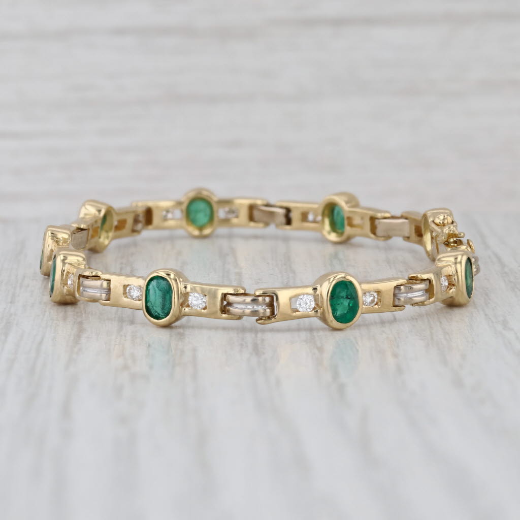 1.96ctw Emerald Diamond Bar Link Bracelet 18k Yellow Gold 6.5"