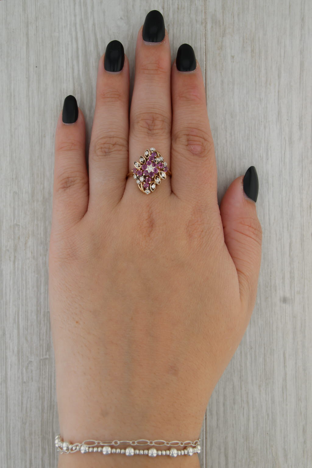 0.60ctw Pink Sapphire Diamond Cluster Cocktail Ring 10k Yellow Gold Size 9.5