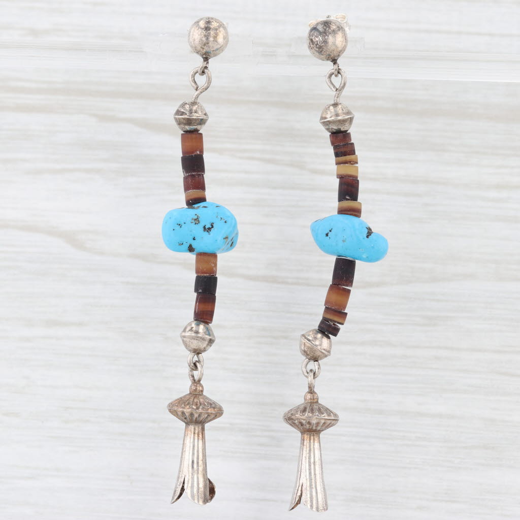 Native American Squash Blossom Turquoise Dangle Earrings Sterling Silver Vintage