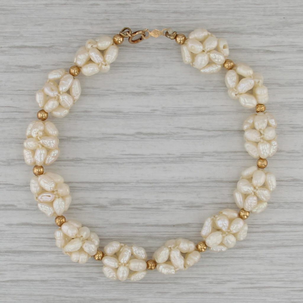 Cultured Freshwater Rice Krispie Pearl Clusters Strand Bracelet 14k Gold 7"