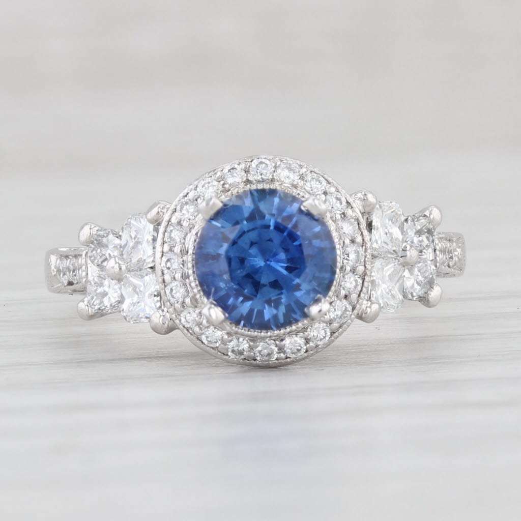 Light Gray 1.95ctw Blue Sapphire Diamond Halo Ring Platinum Size 6.75 Engagement GGTL