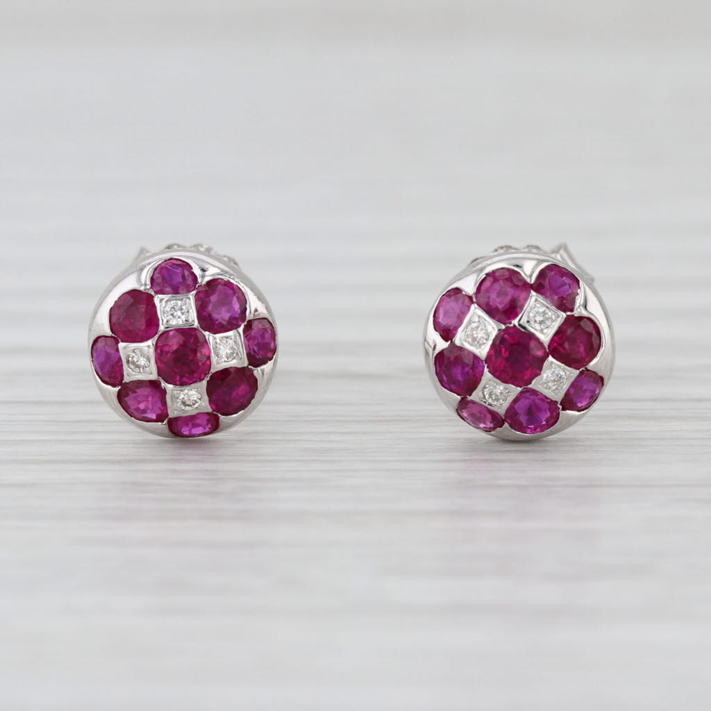 1.50ctw Ruby Diamond Flower Cluster Stud Earrings 18k White Gold Button Studs