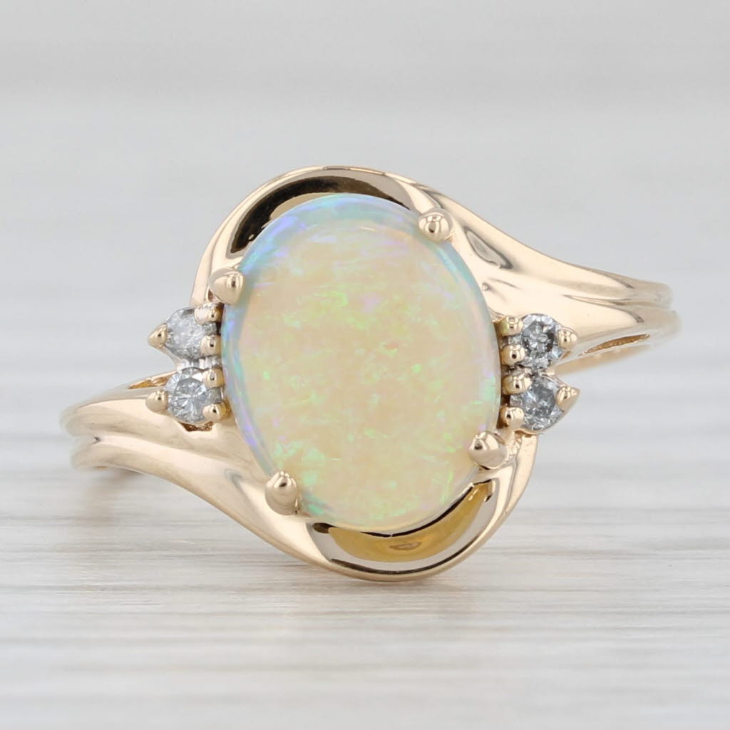 Light Gray Oval Cabochon Opal Diamond Ring 14k Yellow Gold Size 6.25