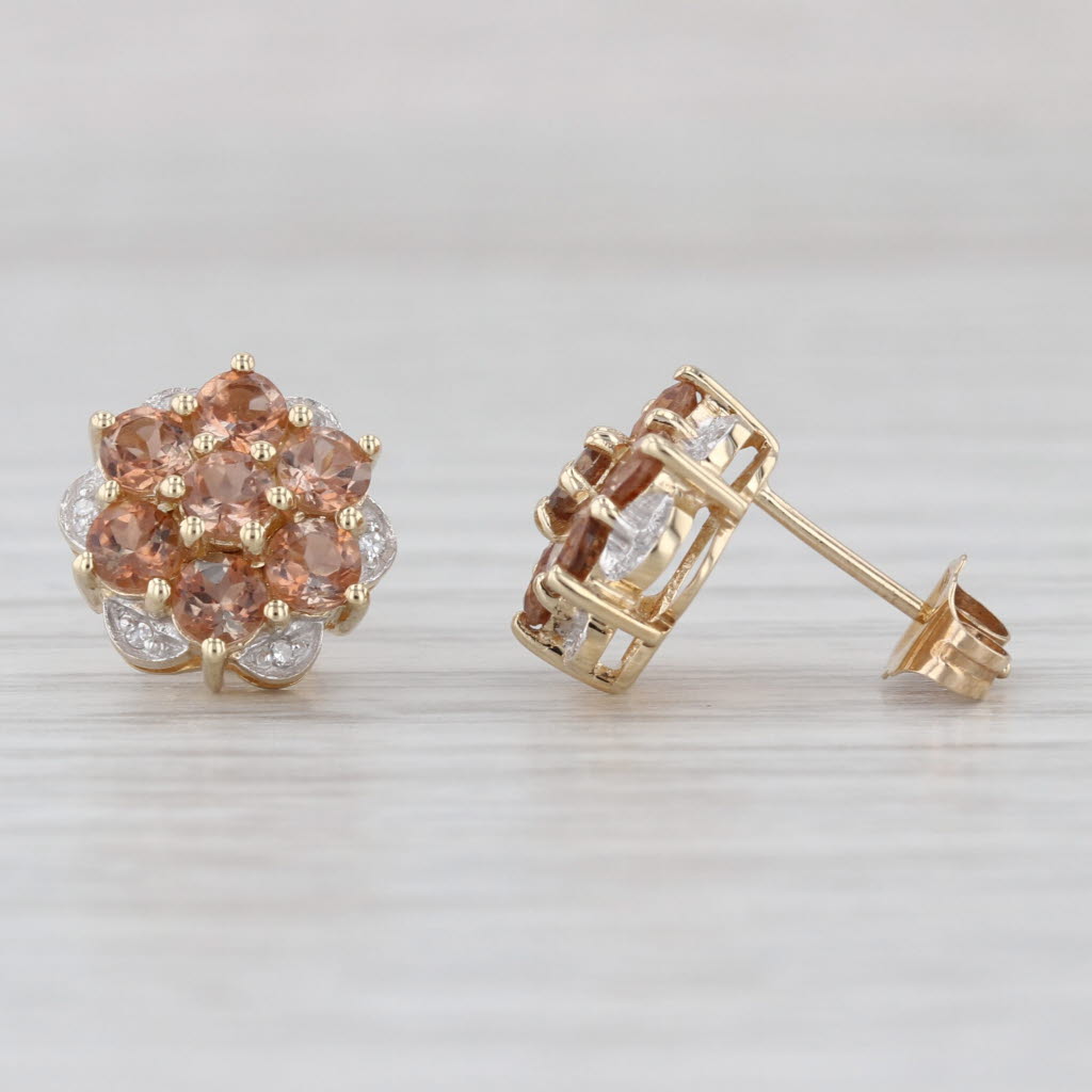 1.43ctw Peach Feldspar Diamond Flower Stud Earrings 10k Yellow Gold Studs