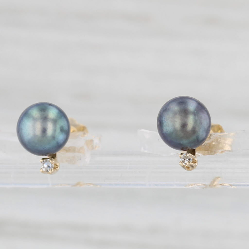 Light Gray Black Cultured Pearl Diamond Stud Earrings 14k Yellow Gold Round Bead Studs