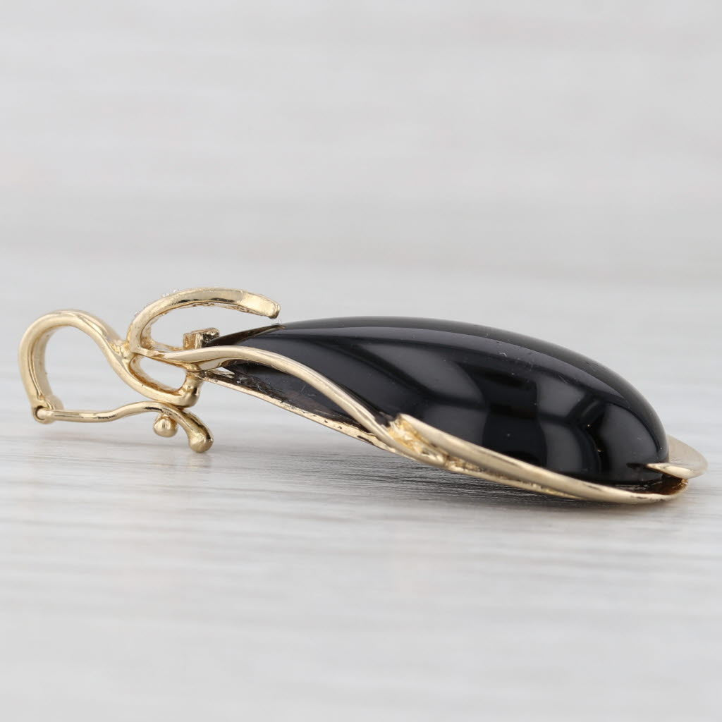 Light Gray Devitrified Black Glass Teardrop Pendant 14k Yellow Gold Diamond Accents