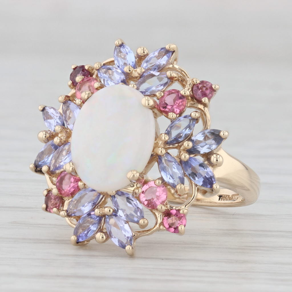 Light Gray Opal 1.72ctw Pink Tourmaline Tanzanite Cluster Ring 10k Yellow Gold Size 6