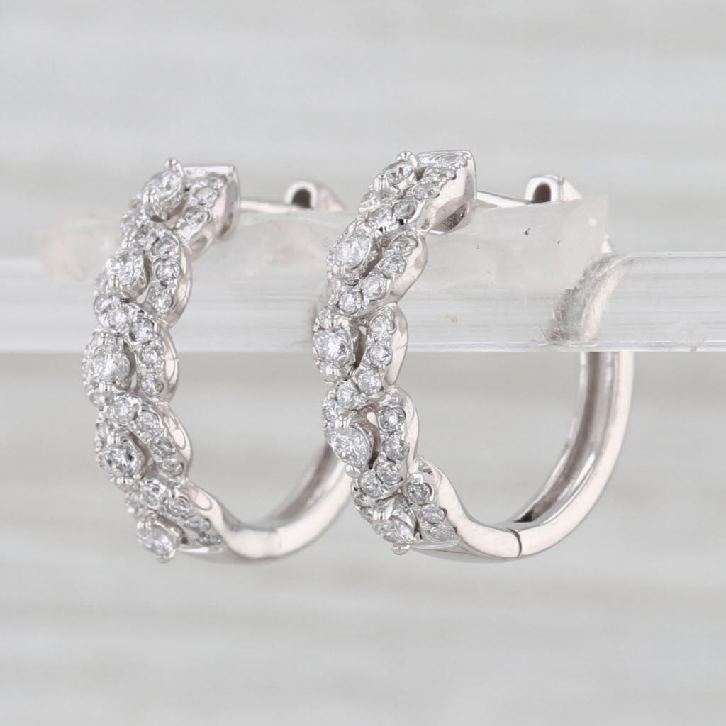0.50ctw Diamond Woven Hoop Earrings 14k White Gold Snap Top Round Hoops