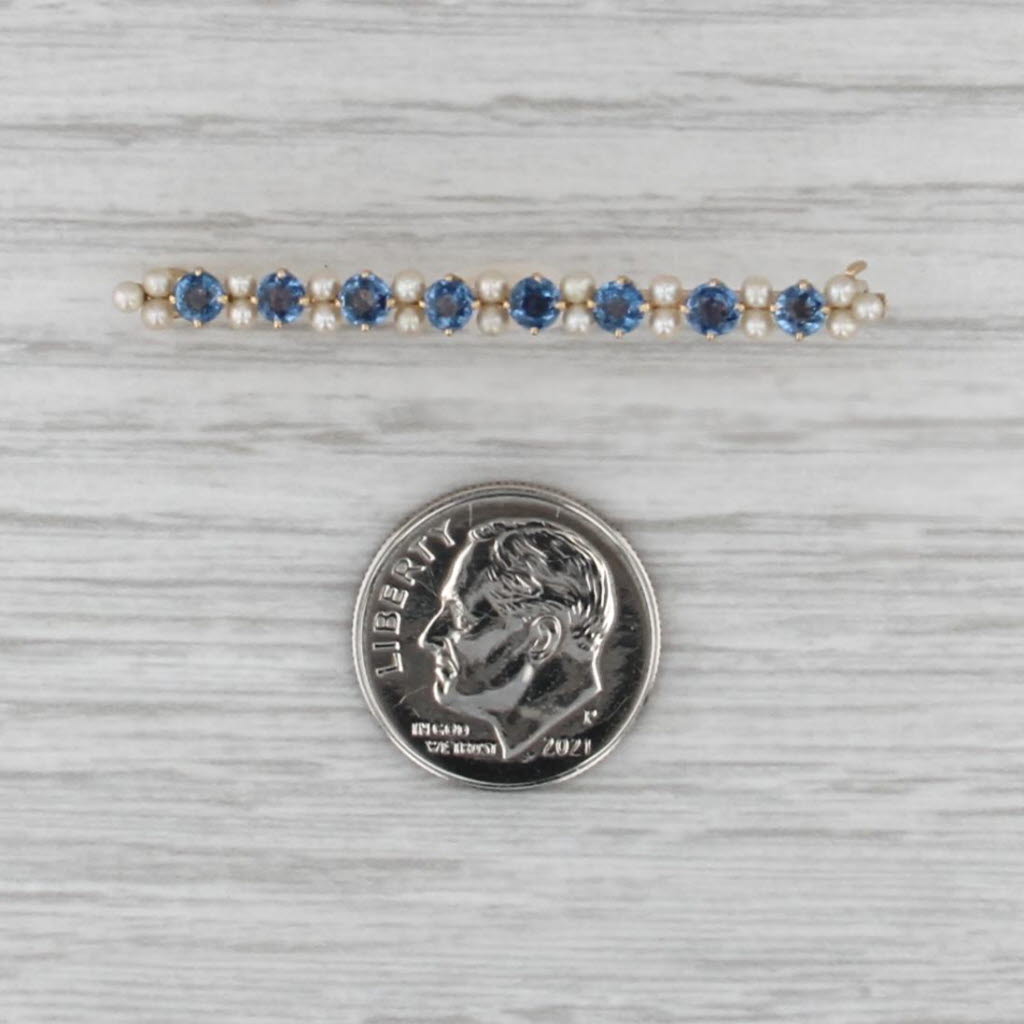 Seed Pearl Lab Created Blue Sapphire Bar Brooch 14k Yellow Gold Pin