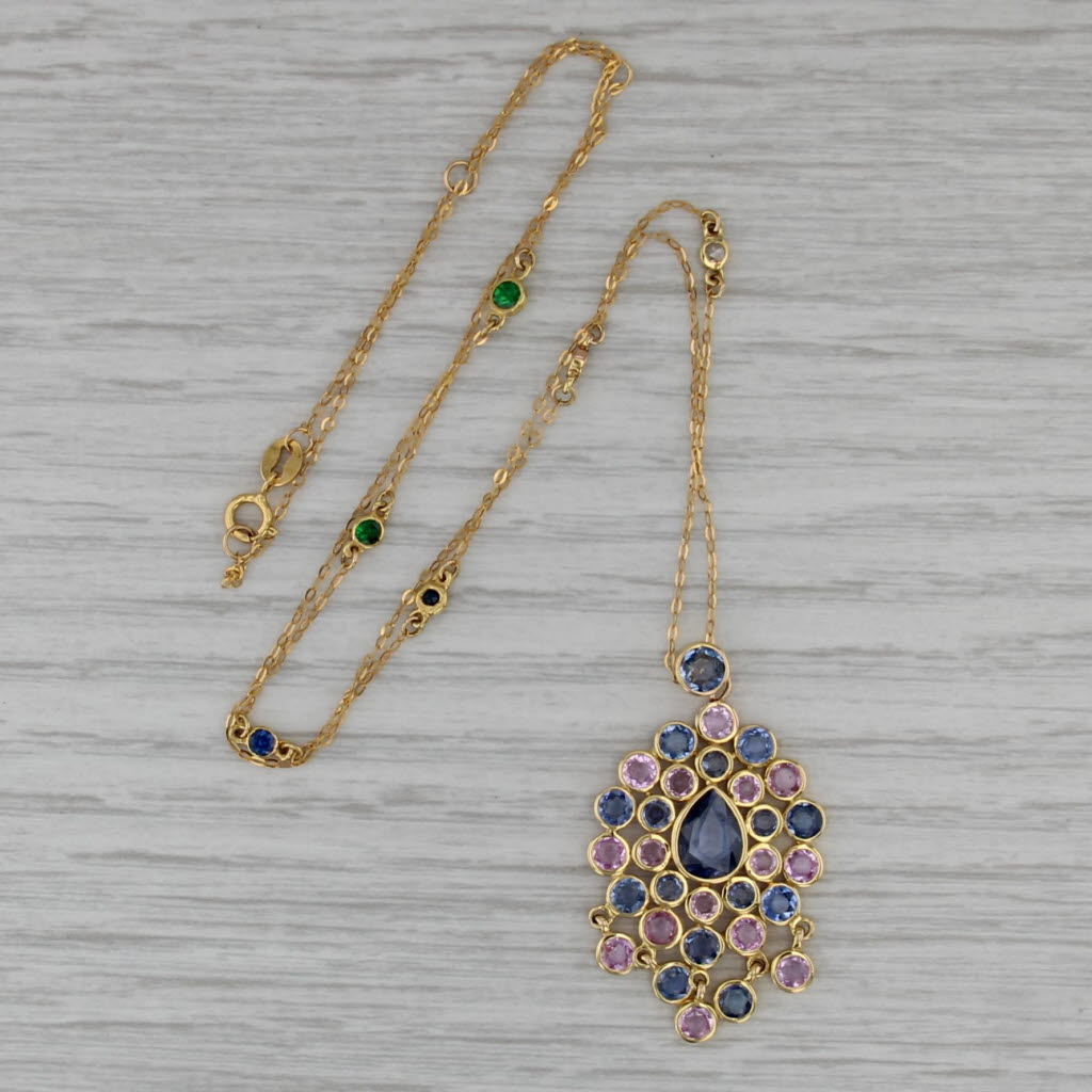 New 3.12ctwSapphire Garnet Pendant Station Necklace 18k Gold 19.25" Cable Chain