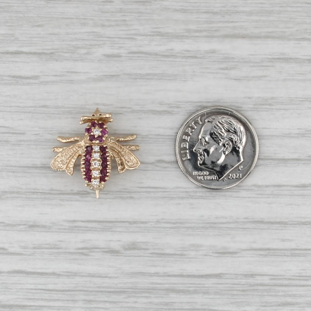 Vintage 0.30ctw Ruby Diamond Bee Pin 14k Yellow Gold Small Bug Brooch