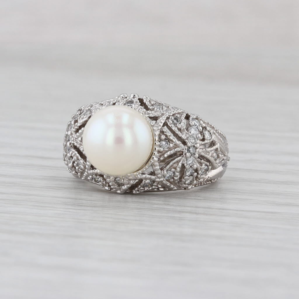 Cultured Pearl 0.27ctw Diamond Filigree Ring 14k White Gold Size 5.25