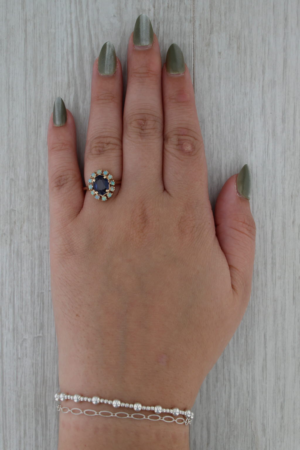 1.40ct Lab Created Blue Oval Sapphire Opal Halo Ring 14k Yellow Gold Size 7