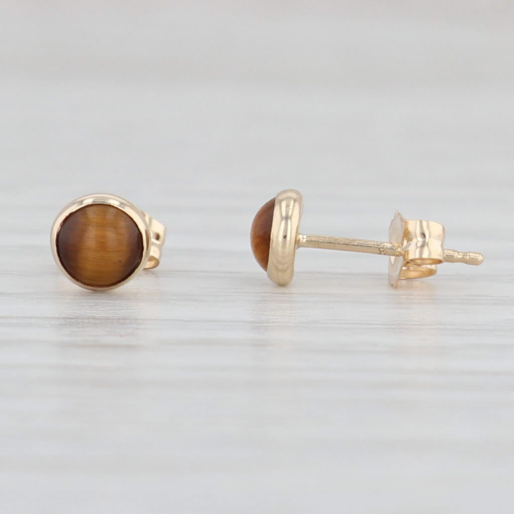 Light Gray New Brown Tiger's Eye Stud Earrings 14k Yellow Gold Round Cabochons