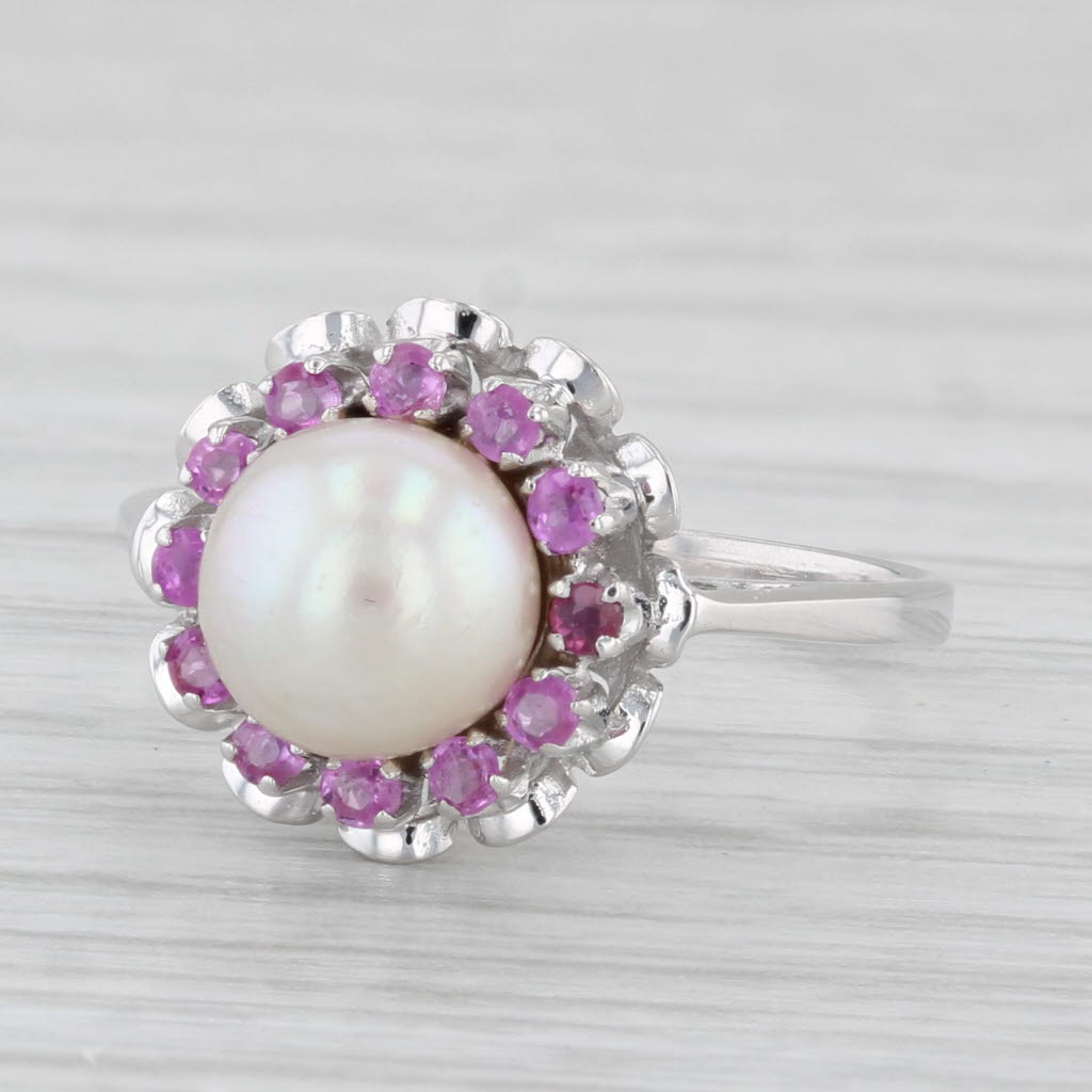 Light Gray Cultured Pearl Ruby Halo Ring 18k White Gold Size 5