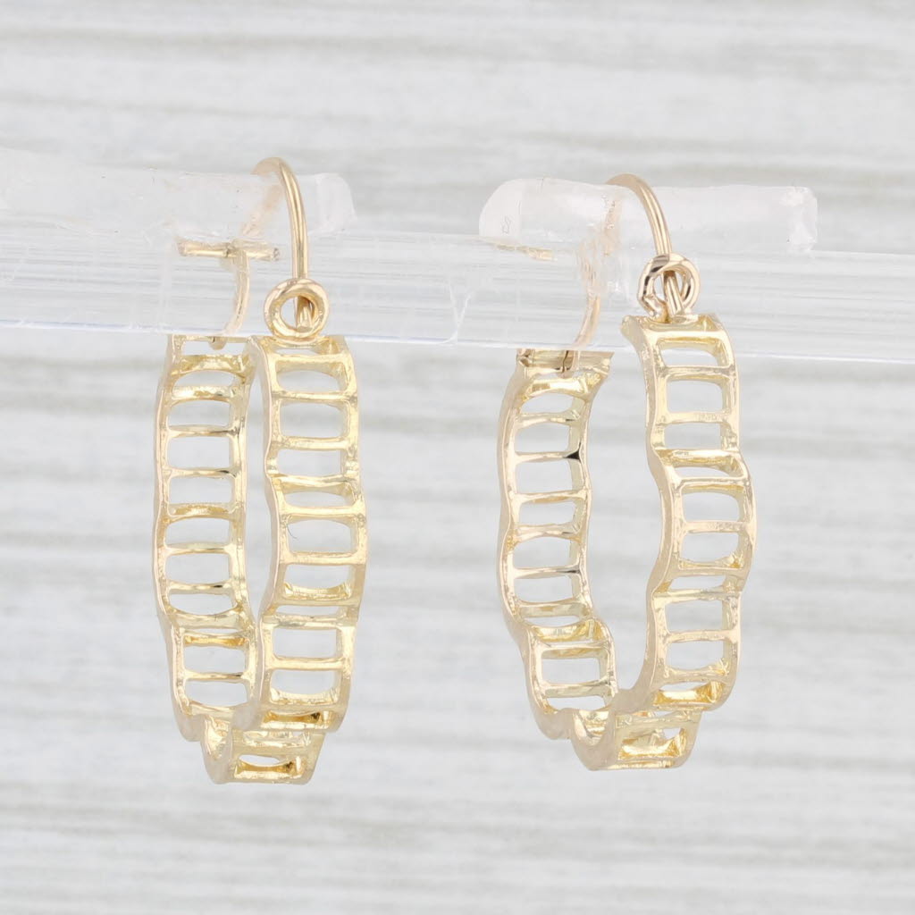 Light Gray Scalloped Hoop Earrings 14k Yellow Gold Pierced Round Hoops